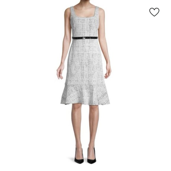 KARL LAGERFELD PARIS Jacquard Fit & Flare Dress Sz 4 Black White Belted - Picture 12 of 12